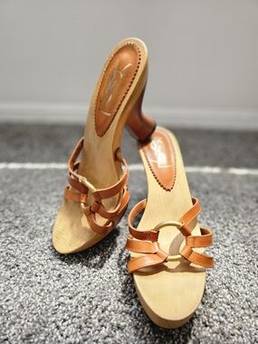 Yves Saint Laurent Tan Leather Wood-Platform Slide Mules